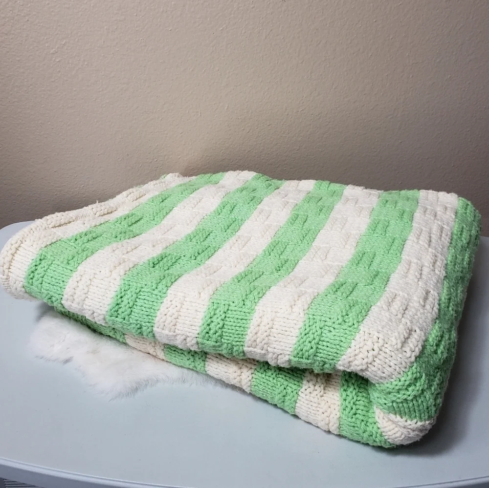 Handmade Mint Green Ivory Afghan Blanket 64x49